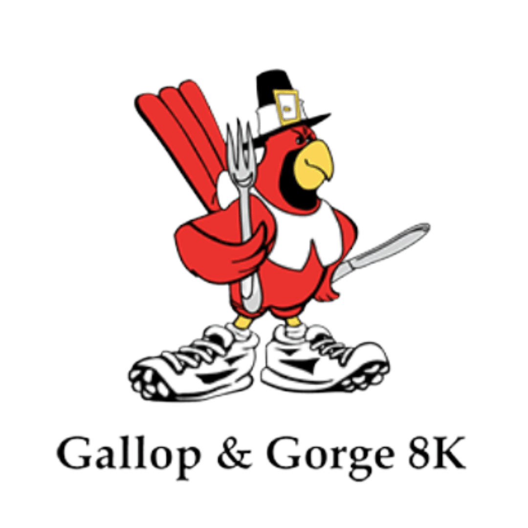 Gallop and Gorge Logo of a turkey with running shoes holding a knife and fork