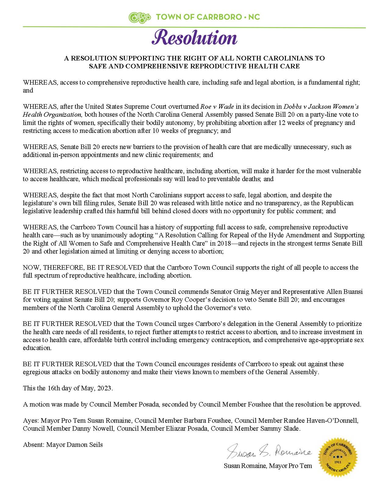 A RESOLUTION FOR REPRODUCTIVE HEALTH CARE